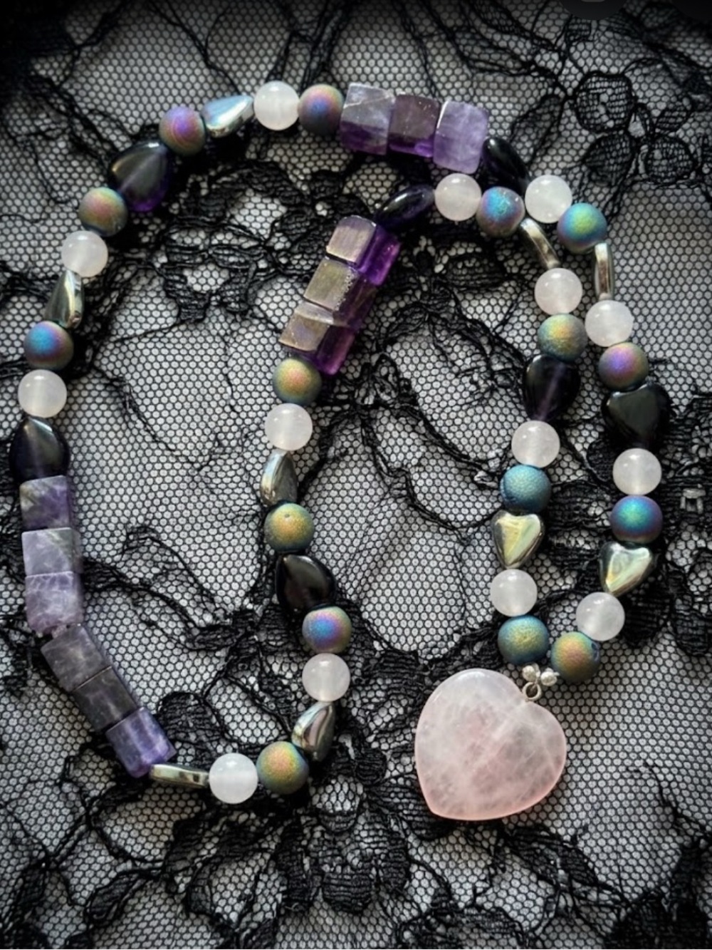 Rainbow Mechanical Heart Necklace (Rainbow Druzy, Amethyst, Rose Quartz, Jade)